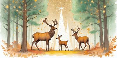 The primary subject of the image is a group of deer, including a baby deer, standing in a forest. The setting is a forest with trees and a star in the background. The visual style is an illustration or a drawing, with a colorful and lively atmosphere.